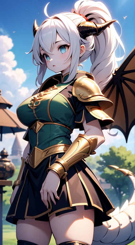 Dragon Girl，knight女孩，穿着knight铠甲的女孩，Breastplate，Skirt Armor，Arm Guard，Leggings，Bare thighs，丝绸Knee socks，Knee socks，White hair，Long hair，Single ponytail hairstyle，Dragon Horn女孩，Dragon Wings，Girl with wings，Dragon Horn，horn，巨Dragon Wings，White Wings，Dragon Tail，巨Dragon Tail，Long Tail，thick tail，Fat Tail，Smooth tail，White Tail，Scales，Scales衣服，knight，knight girl，Close-up above the waist，Upper body close-up，mature body，Big breasts，Big breasts，Wide crotch，Royal sister，big sister