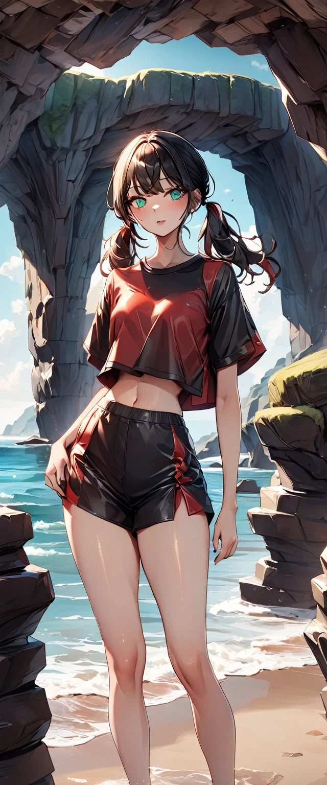 Photo of a girl with natural skin, ((Baby Face)), Round face, A girl wearing mainly black and red, Cowboy Shot, Seaside cave, The light is shining in, High Twintails, Black hair with red mesh, Sharp eyes with red eyeshadow, Blue-green eyes, Shining eyes, A thin, upturned nose, Well-shaped lips, ((crop top overhang, Short sleeve, Black clothes, Thighs, Glamour body)), Makeup, Exquisitely crafted with the utmost attention to detail, Vibrant, amazing, Smooth, Cinematic, 4K, Backlight, (()), Shallow depth of field, ((Detailed eyes:1.3, Detailed lips:1.3, high quality, )), masterpiece, Super detailed images, High quality