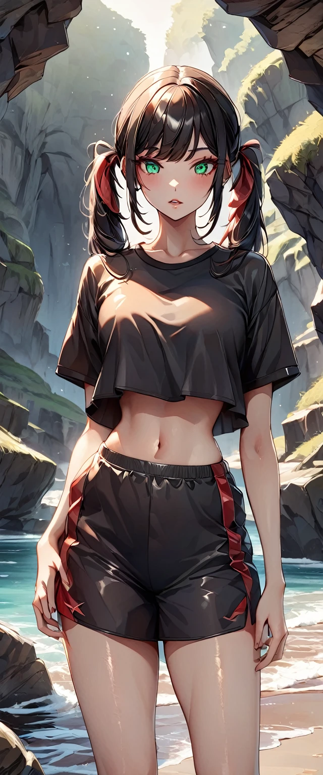 Photo of a girl with natural skin, (()), Round face, A girl wearing mainly black and red, Cowboy Shot, Seaside cave, The light is shining in, High Twintails, Black hair with red mesh, Sharp eyes with red eyeshadow, Blue-green eyes, Shining eyes, A thin, upturned nose, Well-shaped lips, ((crop top overhang, Short sleeve, Black clothes, Thighs, Glamour body)), Makeup, Exquisitely crafted with the utmost attention to detail, Vibrant, amazing, Smooth, Cinematic, 4K, Backlight, (()), Shallow depth of field, ((Detailed eyes:1.3, Detailed lips:1.3, high quality, )), masterpiece, Super detailed images, High quality