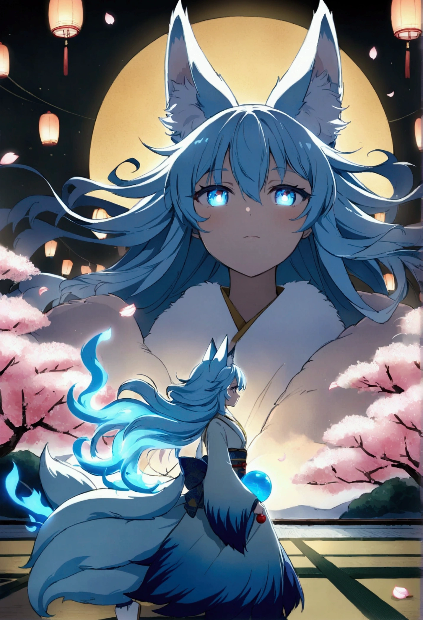 fox Light blue hair beast girl indigo fur fox beast girl fox Light blue hair beast girl indigo fur fox beast girl Wallpaper 4k,8k,highly detailled,,vivid colors,detailed kitsune with 9 tails,traditional Japanese artwork,tatami floor,beautiful cherry blossoms,floating lanterns,dark silhouette of a pagoda,subtle moonlight,dense forest,ethereal atmosphere,dappled sunlight,whimsical spirit,serene expression,elaborate kimono and obi,delicate hand-painted details,luminous eyes Anime Style fox blue White-faced golden-haired nine-tailed fox Coat blue fox Light blue hair beast girl indigo fur fox beast girl Anime Style fox blue White-faced golden-haired nine-tailed fox Coat blue mysterious background Blue Flame girl have a ball of light fox Light blue hair beast girl indigo fur fox beast girl mysterious background Blue Flame girl have a ball of light Anime Style fox blue White-faced golden-haired nine-tailed fox Coat blue mysterious background Blue Flame girl have a ball of light