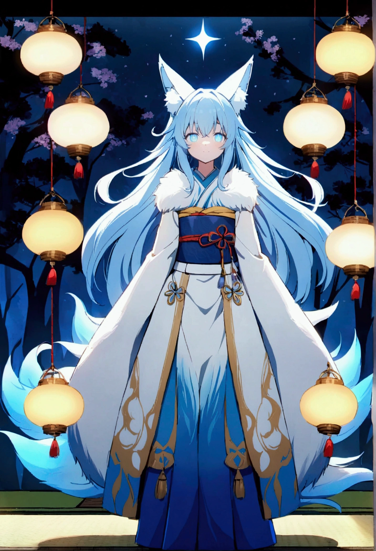 fox Light blue hair 　beast girl　indigo fur　fox beast girl　fox Light blue hair 　beast girl　indigo fur　fox beast girl　Wallpaper 4k,8k,highly detailled,,vivid colors,detailed kitsune with 9 tails,traditional Japanese artwork,tatami floor,beautiful cherry blossoms,floating lanterns,dark silhouette of a pagoda,subtle moonlight,dense forest,ethereal atmosphere,dappled sunlight,whimsical spirit,serene expression,elaborate kimono and obi,delicate hand-painted details,luminous eyes　Anime Style　fox　blue　White-faced golden-haired nine-tailed fox　Coat blue　　fox Light blue hair 　beast girl　indigo fur　fox beast girl　Anime Style　fox　blue　White-faced golden-haired nine-tailed fox　Coat blue　　　mysterious background　Blue Flame　girl　have a ball of light　fox Light blue hair 　beast girl　indigo fur　fox beast girl　mysterious background　Blue Flame　girl　have a ball of light Anime Style　fox　blue　White-faced golden-haired nine-tailed fox　Coat blue　　　mysterious background　Blue Flame　girl　have a ball of light