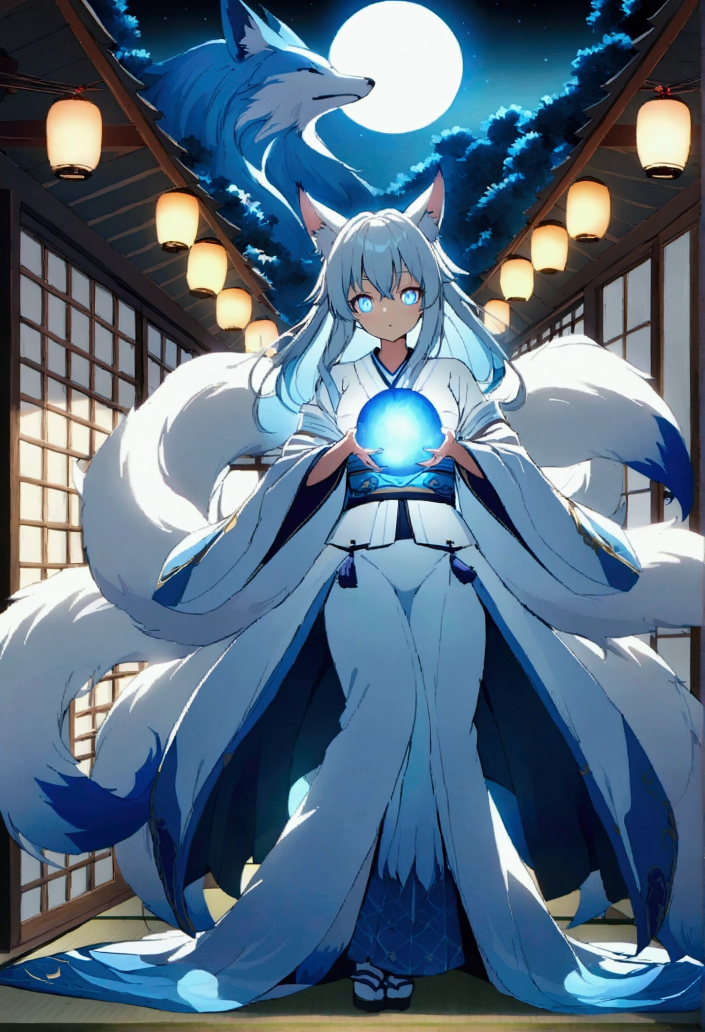 fox Light blue hair beast girl indigo fur fox beast girl fox Light blue hair beast girl indigo fur fox beast girl Wallpaper 4k,8k,highly detailled,,vivid colors,detailed kitsune with 9 tails,traditional Japanese artwork,tatami floor,beautiful cherry blossoms,floating lanterns,dark silhouette of a pagoda,subtle moonlight,dense forest,ethereal atmosphere,dappled sunlight,whimsical spirit,serene expression,elaborate kimono and obi,delicate hand-painted details,luminous eyes Anime Style fox blue White-faced golden-haired nine-tailed fox Coat blue fox Light blue hair beast girl indigo fur fox beast girl Anime Style fox blue White-faced golden-haired nine-tailed fox Coat blue mysterious background Blue Flame girl have a ball of light fox Light blue hair beast girl indigo fur fox beast girl mysterious background Blue Flame girl have a ball of light Anime Style fox blue White-faced golden-haired nine-tailed fox Coat blue mysterious background Blue Flame girl have a ball of light