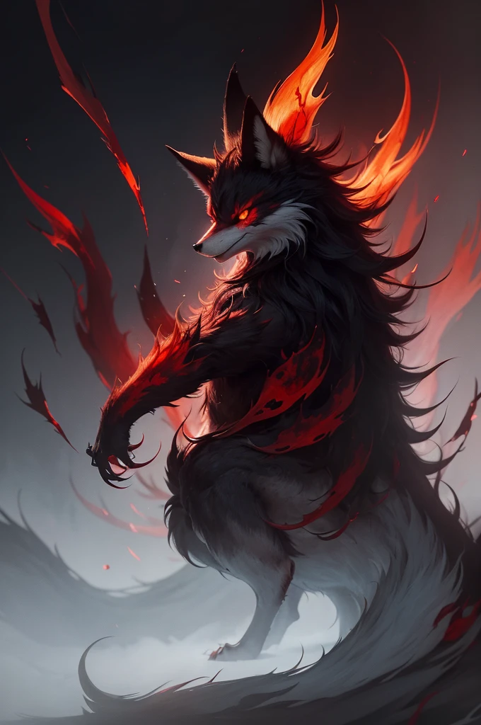 /imagine prompt="a fearsome six-tailed fox with blood dripping from the tips of its tails and blood-red eyes glowing ominously. The fox's fur is dark and its expression is menacing, creating an overall eerie and powerful effect."