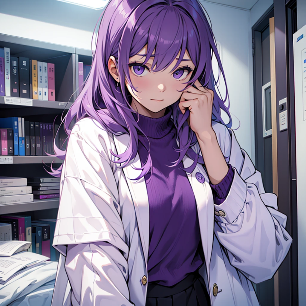Imagine a MBTI logician、Create a single woman in a white coat and purple shirt thinking alone in her room.。