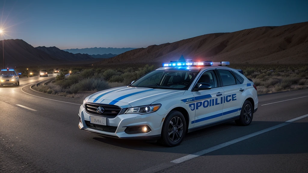 police car stopped on the highway at night in the desert
