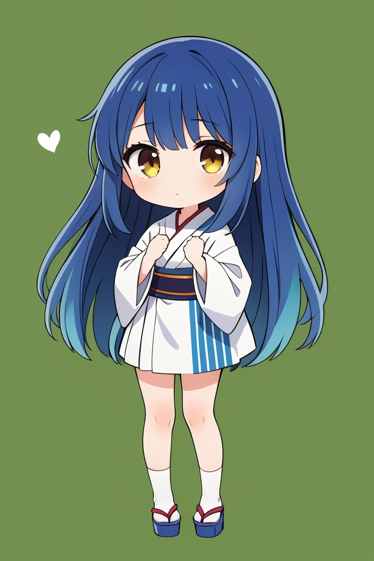1girl,green and white kimono,blue hair,brown eye,long hair,chibi,standing, put hands on body, full body,green background