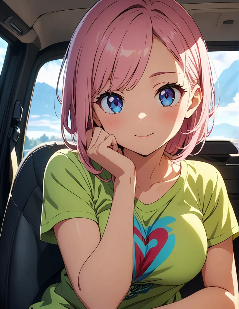 (anime artwork, anime style, studio anime, very detailed, up to date, vibrant, Anime Coloring, high contrast, masterpiece:1.2, best quality, best aesthetics),1 girl,hug from behind, Medium chest, A glimpse of thighs,random hair, One eye is hidden by the bangs, perfect proportions, high detail skin, Cute, detailed faces, precise fingers,curvy,in the car, front passenger's seat
