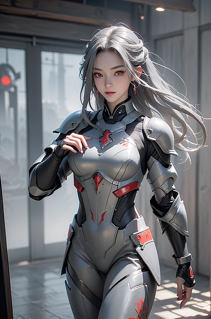 masterpiece, Game Art, Best image quality, Maximum resolution, 8K, Unreal Engine 5 rendering work, (Digital Photography), 20 year old girl,Short hair details,Long bangs,(Red eye makeup),(With long gray hair: 1.4),(Full breasts),Elegance and nobility,Brave and charming, (The future armor combines the characteristics of Chinese armor, hollow-carved design, Power Armor, Mysterious oriental runes, Exquisite clothing patterns, Magic Flash), Future Warrior, Cyberpunk Characters, War Background, light, Ray Tracing, Game CG,((3D Unreal Engine)), OC Rendering Reflection Mode