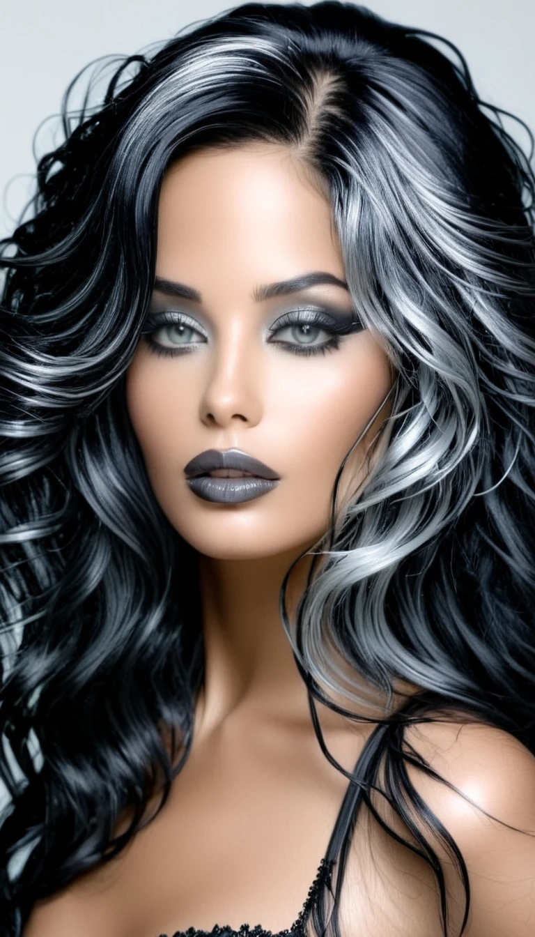 1 Aubade girl, Magnificent, sublime hair with long fine and wavy black hair with wet effect, yeux gris argenté brillants, black eyeliner, (chrome gray lips), sensual lips slightly parted