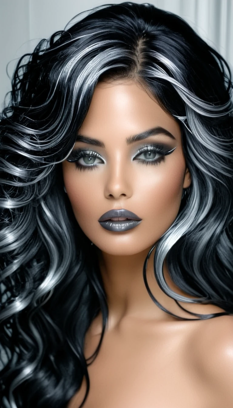 1 Aubade girl, Magnificent, sublime hair with long fine and wavy black hair with wet effect, yeux gris argenté brillants, black eyeliner, (chrome gray lips), sensual lips slightly parted