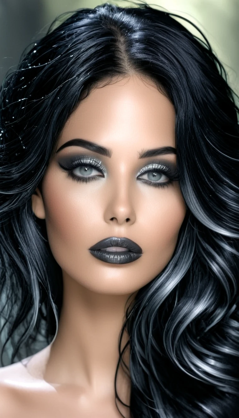 1 Aubade girl, Magnificent, sublime hair with long fine and wavy black hair with wet effect, yeux gris argenté brillants, black eyeliner, (chrome gray lips), sensual lips slightly parted