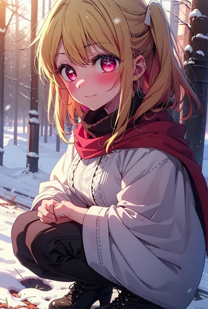 rubyhoshino, Hoshino Ruby, Long Hair, bangs, blonde, (Pink Eyes:1.3), Side Lock, (Symbol-shaped pupil:1.5), Multicolored Hair, Two-tone hair, smile,,smile,blush,white breath,
Open your mouth,snow,Ground bonfire, Outdoor, boots, snowing, From the side, wood, suitcase, Cape, Blurred, , forest, White handbag, nature,  Squat, Mouth closed, Cape, winter, Written boundary depth, Black shoes, red Cape break looking at viewer, Upper Body, whole body, break Outdoor, forest, nature, break (masterpiece:1.2), Highest quality, High resolution, unity 8k wallpaper, (shape:0.8), (Beautiful and beautiful eyes:1.6), Highly detailed face, Perfect lighting, Highly detailed CG, (Perfect hands, Perfect Anatomy),