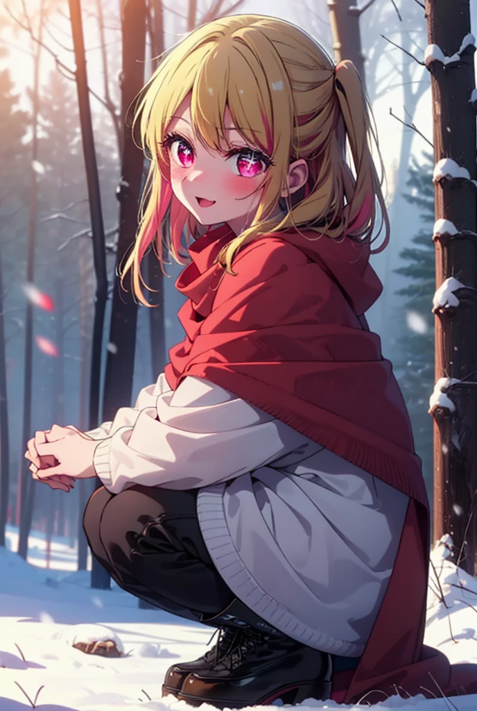 rubyhoshino, Hoshino Ruby, Long Hair, bangs, blonde, (Pink Eyes:1.3), Side Lock, (Symbol-shaped pupil:1.5), Multicolored Hair, Two-tone hair, smile,,smile,blush,white breath,
Open your mouth,snow,Ground bonfire, Outdoor, boots, snowing, From the side, wood, suitcase, Cape, Blurred, , forest, White handbag, nature,  Squat, Mouth closed, Cape, winter, Written boundary depth, Black shoes, red Cape break looking at viewer, Upper Body, whole body, break Outdoor, forest, nature, break (masterpiece:1.2), Highest quality, High resolution, unity 8k wallpaper, (shape:0.8), (Beautiful and beautiful eyes:1.6), Highly detailed face, Perfect lighting, Highly detailed CG, (Perfect hands, Perfect Anatomy),