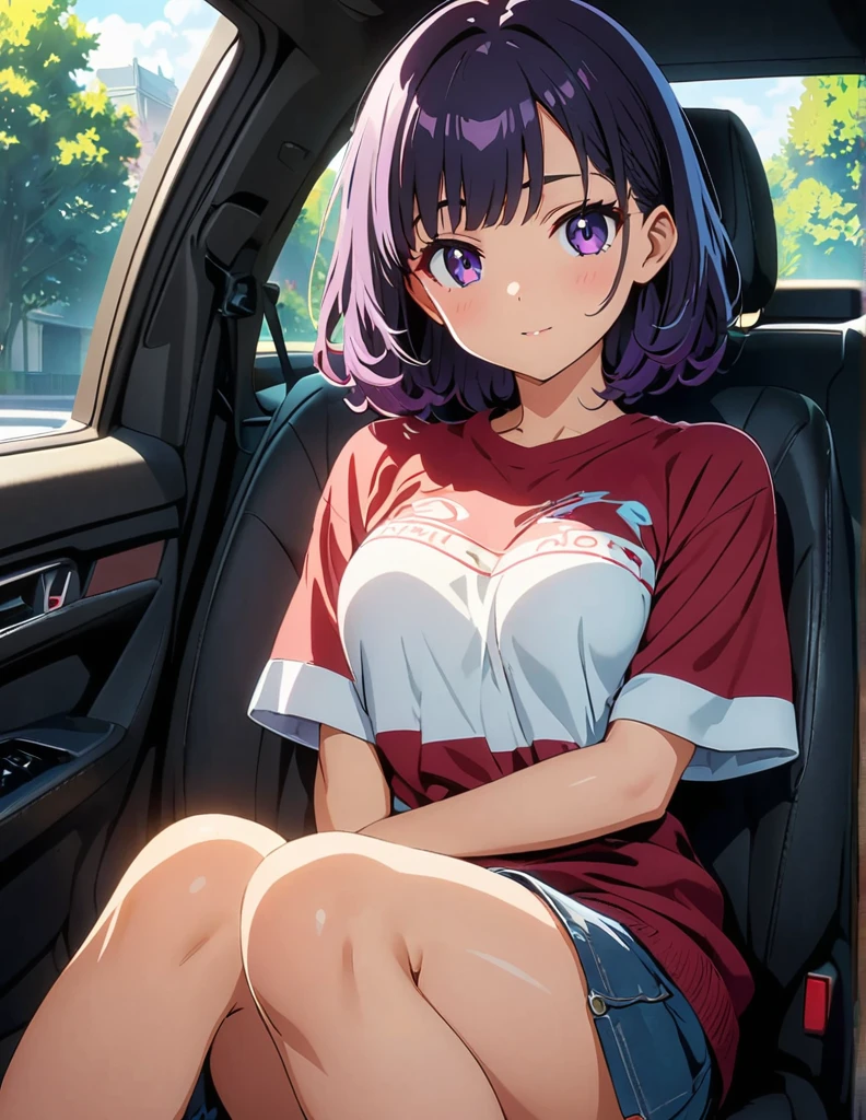 (anime artwork, anime style, studio anime, very detailed, up to date, vibrant, Anime Coloring, high contrast, masterpiece:1.2, best quality, best aesthetics),1 girl,hug from behind, Medium chest, A glimpse of thighs,random hair, One eye is hidden by the bangs, perfect proportions, high detail skin, Cute, detailed faces, precise fingers,curvy,in the car, front passenger's seat