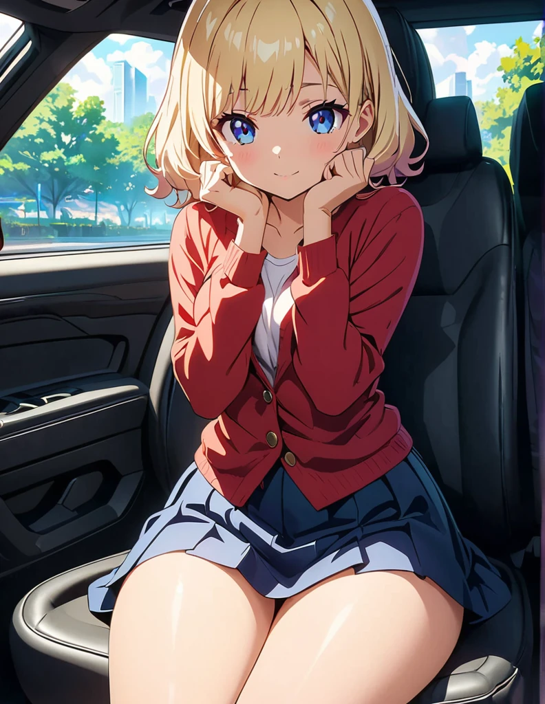 (anime artwork, anime style, studio anime, very detailed, up to date, vibrant, Anime Coloring, high contrast, masterpiece:1.2, best quality, best aesthetics),1 girl,hug from behind, Medium chest, A glimpse of thighs,random hair, One eye is hidden by the bangs, perfect proportions, high detail skin, Cute, detailed faces, precise fingers,curvy,in the car, front passenger's seat