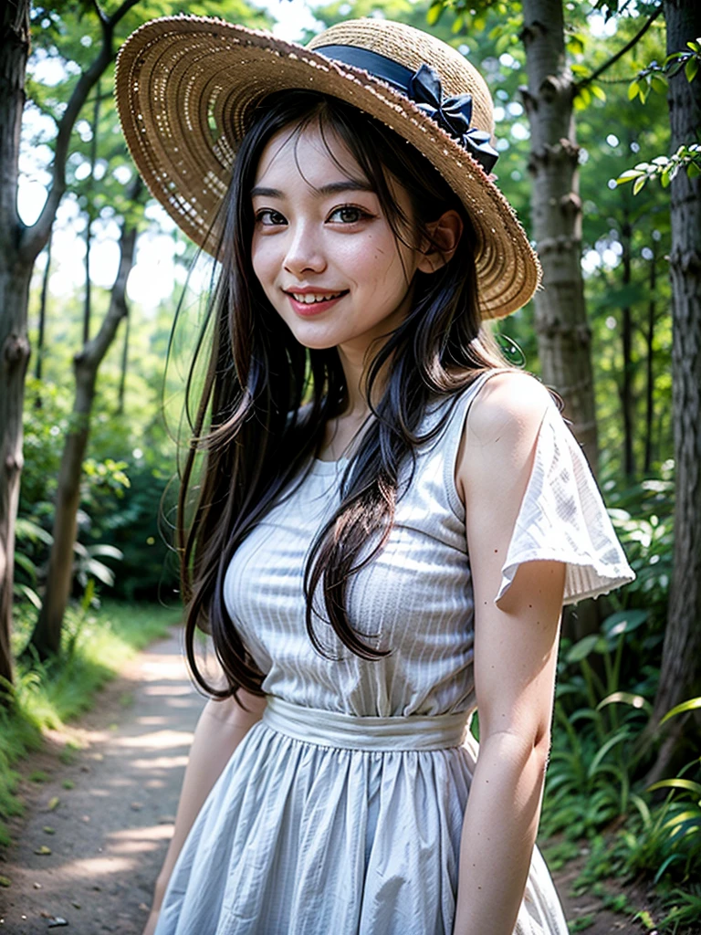 Person 2. neat and beautiful, 25 years old, great style, long hair, fashionable, dress, big hat, in the forest, smiling.

,