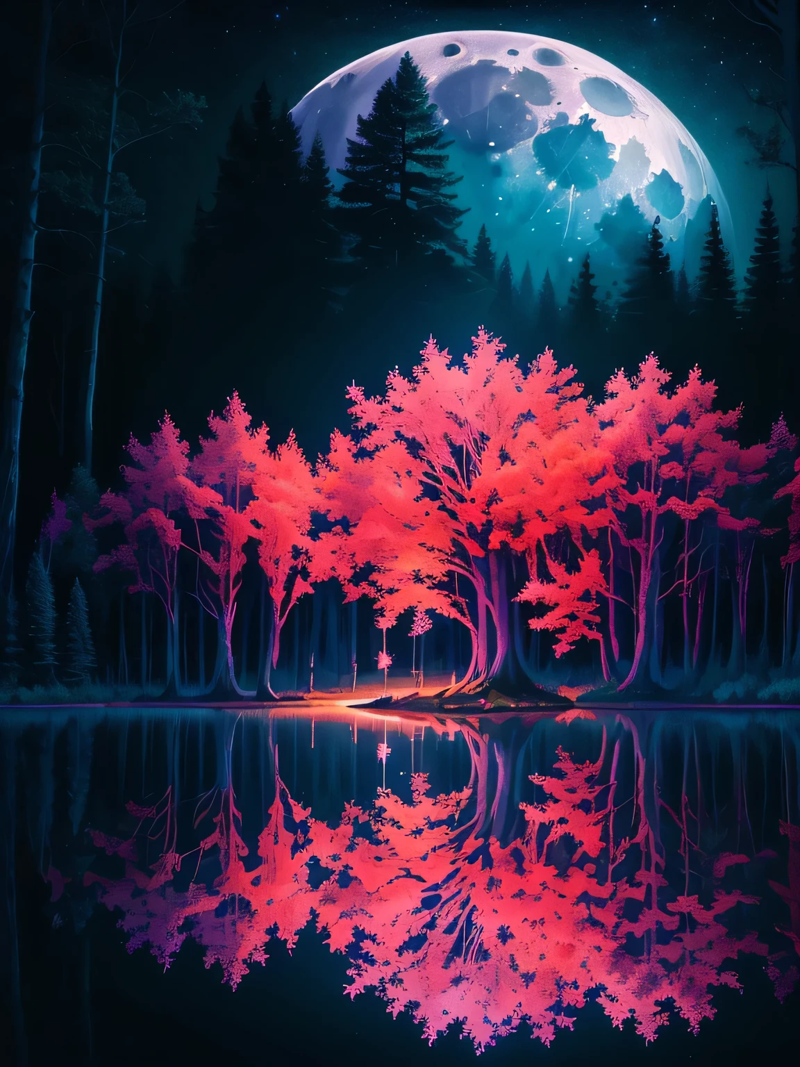 A painting of a full moon and trees over a lake, Magical scenery, Gorgeous background, Mystical Forest Lagoon, Very magical and dreamy, Beautiful moonlight night, 8k high quality detailed art, Beautiful moonlight, Magical colors and atmosphere, Reflection of the moon, forest and moon, Mysterious scene, Big shining moon, Mysterious environment, Big moon on the water, mystical lake