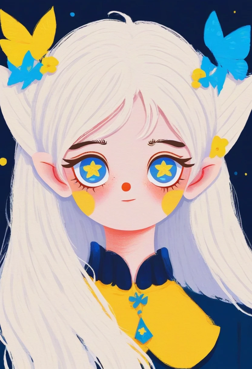 1 Girl，White hair，Elf ears，Colored contact lenses, Colored eyelashes，Lovely,Solid color background，blue and yellow，Artistic sense，Navy collar，Minimalist Art，Vector illustration，Flat illustration，Japanese cartoons