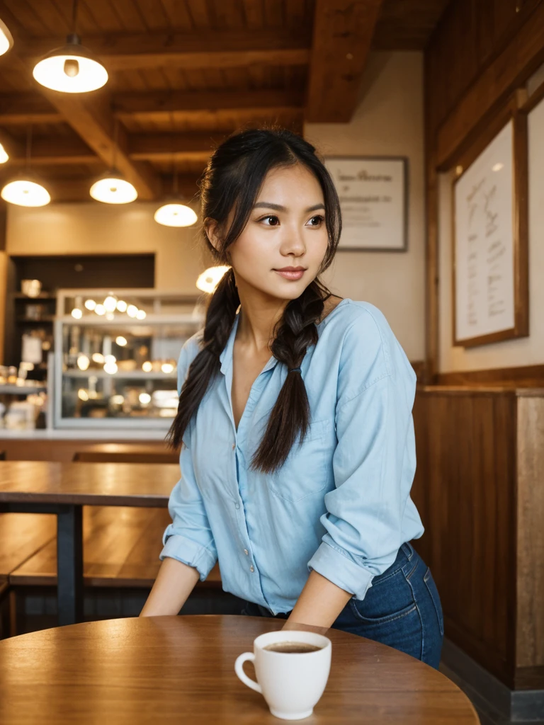 her name is Olivia, high quality, 1girl, ((27-year-old fit Filipna woman)),((Filipina nose)), ((27 years old)), ((BODY TYPE: HOURGLASS)), ((Ponytail HAIR)), ((EYE COLOR: Light blue)) pose: SITTING and ARMS CROSSED, wearing Casual Shirt and Short Generation-Z modern wear VARIETY colored, BACKGROUND: " Indoor: A small cafe with warm lighting, wooden tables, and the smell of freshly brewed coffee."