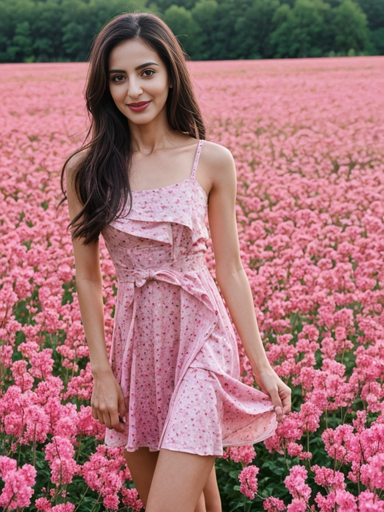 Noura, 1girl, solo, ((Qatari woman)), consistent face and body, ((MILF)), ((30 years old)), (mature), ((slim)), ((Qatari face)), (Qatari nose), (Qatari lips), ((long loose hair)), upper body and upper legs, (background: city flower field at sunset), BREAK, (wearing light-pink printed Flare Dress), smirking, teasing