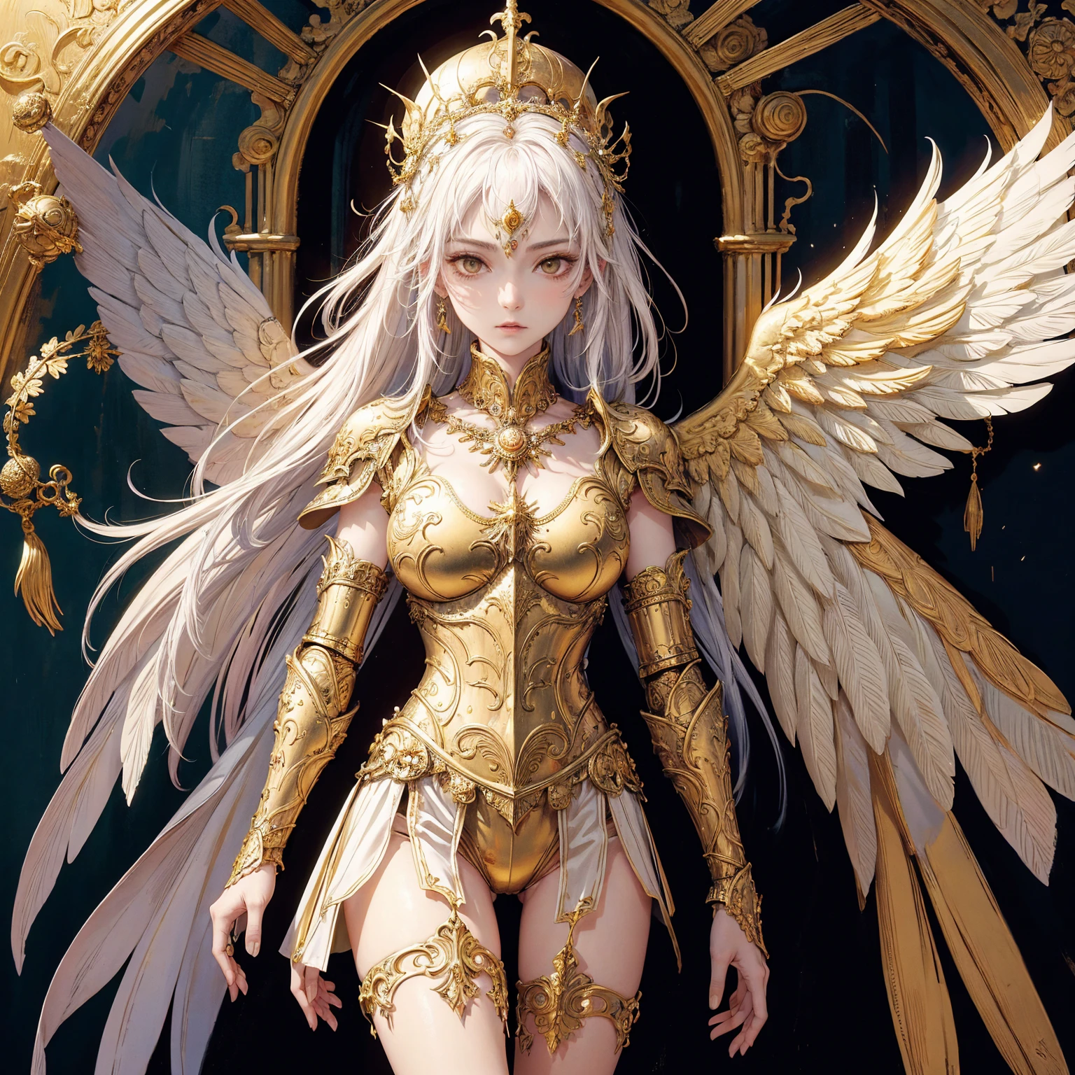 Art of woman wearing sun crown and ornate breastplate, a pair of golden-armored angelic white wings spread out behind the woman, ancient goddess art, Sacredness. Very detailed, Mysterious inspiration, Inspiration from the Sun God, Religious inspiration, Cold and snobbish face, Dangerous expressions, White hair, Standing, Full body portrait, Gothic art style, Weird art style, Occult art