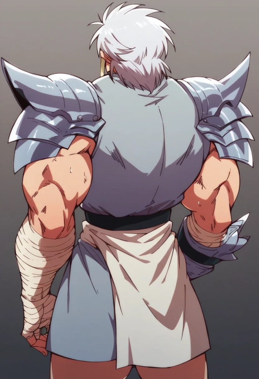 Hünkel,bandage,Silver Hair,Silver vest,Well-trained muscles,18-year-old boy,Wearing armor,Huge penis,Symbiote is approaching from behind.