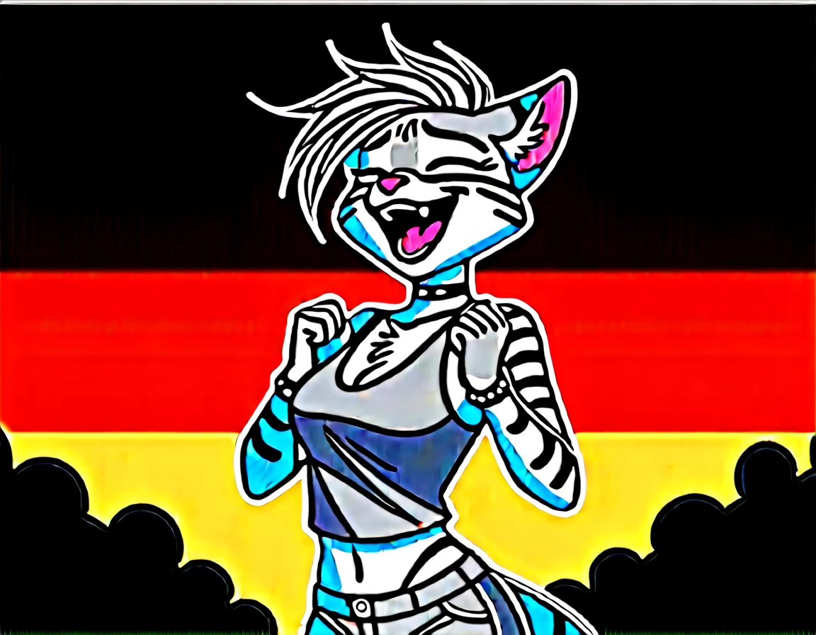 score_9,score_8_up,score_7_up, score_6_up, score_5_up,source_anime, Kat, Anthro furry feline, silver fur, grey stripes on body, closed eyes, furrowed eyebrows, open mouth, long blonde hair, undercut hair, one side of hair shaved, pink nose, :3, female, wearing black tank top, heavy metal band shirt, heavy metal band design on her shirt, black Jean short shorts, black studded bracelets, choker, nose ring, black mascara, gauged ears, simple white background, standing, heavy metal aesthetic, at a concert, metal concert, big crowd of humans, screaming, laughing, throwing hands up, sign of the horns with hands, rock on sign with hands, side view,