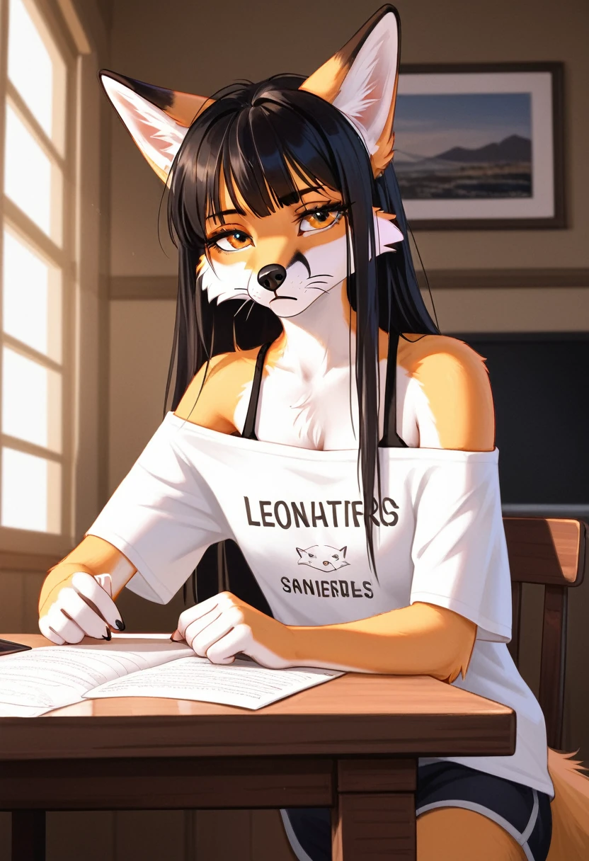 White fox, elongated muzzle, Furry, antro лиса, god, long straight black hair, thin, sits with his chest on the table, fell body on the table, tired, in a black oversized T-shirt, off shoulder tank, masterpiece, Best quality, antro, Furry, cinematic lighting, Scattered light, a high resolution, high detail, ultra realistic