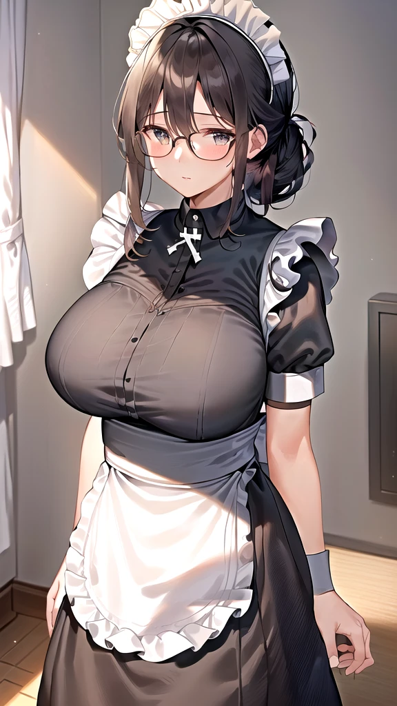 {{masterpiece}},high quality, 4K, 2D,1 girl,{simple gray background},(45 year old woman,mature female:1.5),standing,(sagging breasts:0.4),(gigantic breasts:1.3),(maid:1.7), black hair,(chignon:1.2),1 braid,impossible clothes, {from right in front of face and body},{front facing shot},Wear glasses,inside the room,upper body,cross arms in front