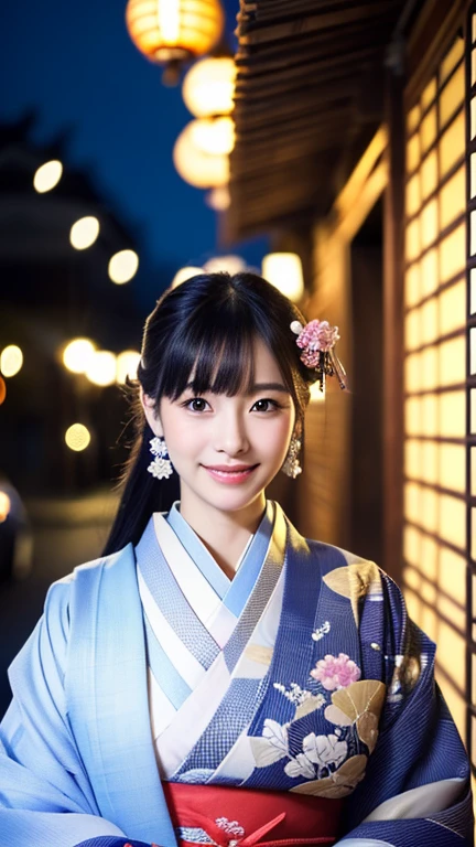 Best-quality, Masterpiece, Ultra-High-Resolution, (Photorealistic:1.4), Raw-Photo, at Japanese-traditional-inn in heavy-snowy-mountain, 1girl, the most popular Japanese idol, wearing only beautiful-Japanese-KIMONO, looking at viewer, grinning, Perfect proportion, extremely cute face like the most famous Japanese idol, ((extremely beautiful big-black-eyes)), extremely beautiful black-short-cut-haired, extremely beautiful long-eyelashes, extremely beautiful lips, detailed Japanese-traditional-inn, detailed heavy-snowy-mountain, detailed beautiful-Japanese-KIMONO