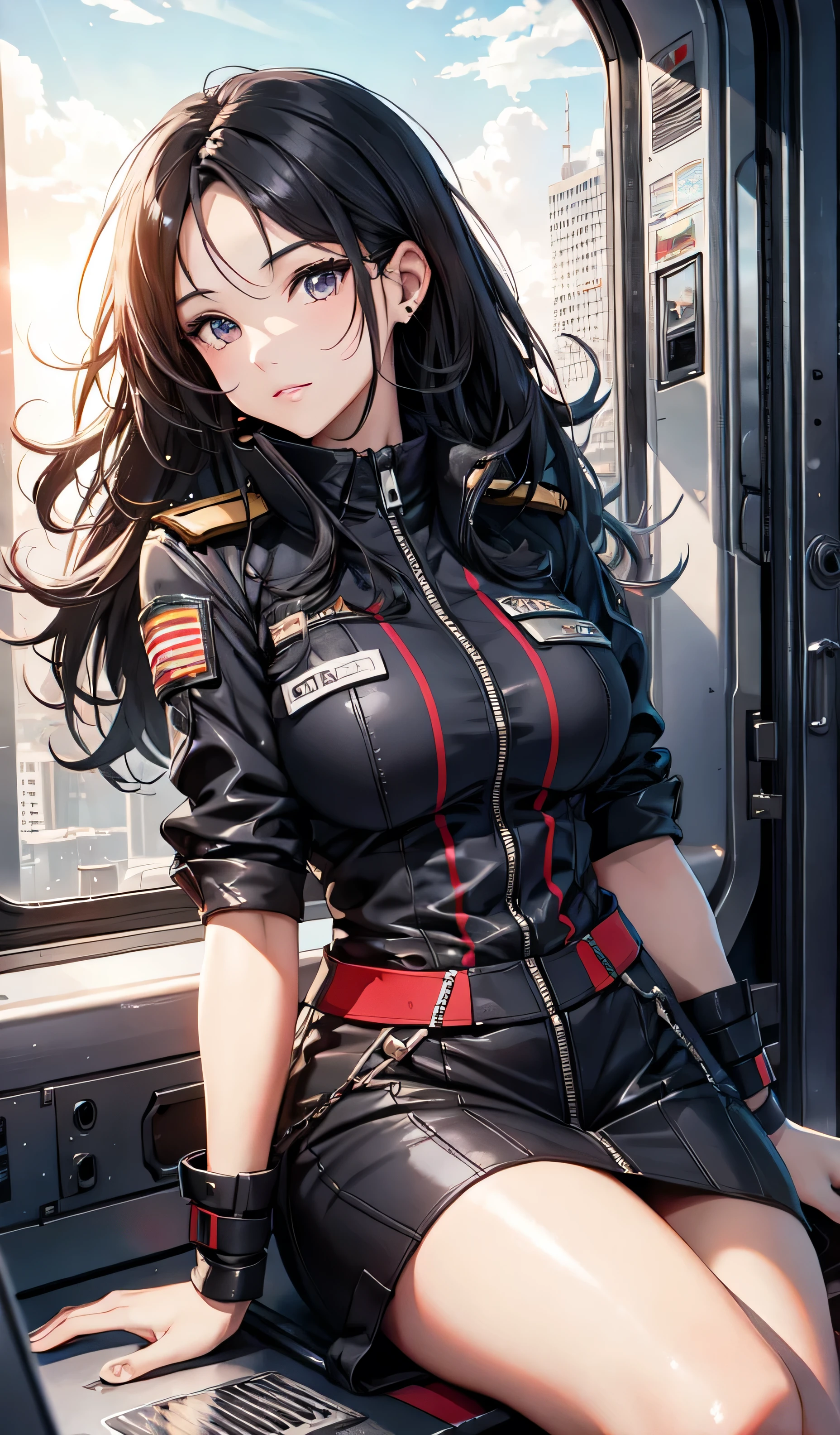 black hair, black eyes, beautiful detailed girl, long wavy hair, aircraft captain