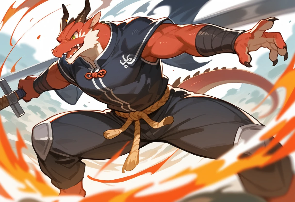 top quality, high-quality illustrations((masterpiece))depth of field, motion blur, absurdres, Perfect Anatomy, magnificent picture of kemono fighting fierce battles, kemono, 1boy, solo focus, Anthro((dramatic))epic, weapon, dynamic pose, One scene of movie,FURRY,dragon,Chinese,green