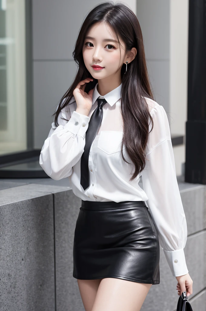 black leather skirt　White Shirt