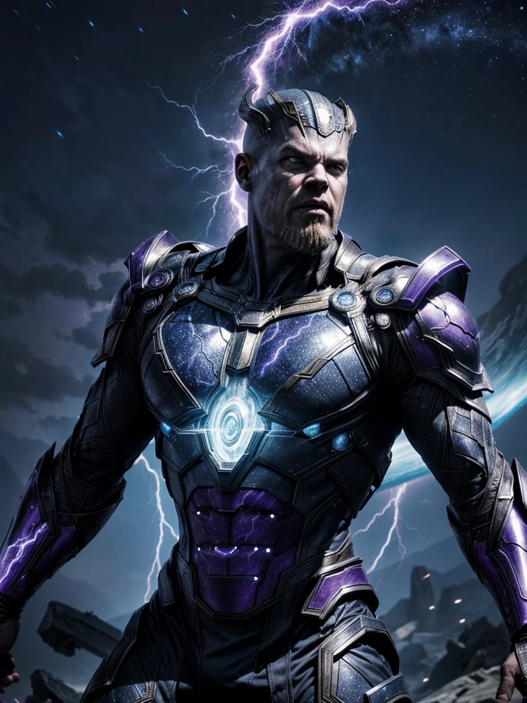 Close up, Ultra-HD photography, a fierce celestial thanos god with a universe theme, surrounded by blue and purple lightning in a cybernetic fantasy realm, SUFFIX with high lighting and motion blur showcasing the battles ferocity against a shadowy supernatural villain