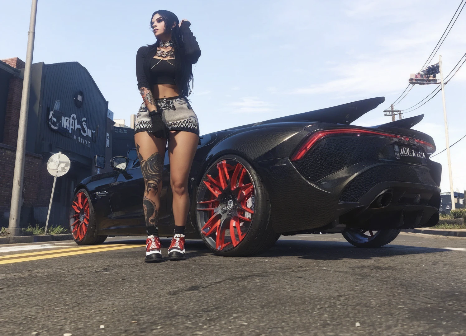 woman with tatoos im black top standing in front of a black sports car on a city street, gta v street style 