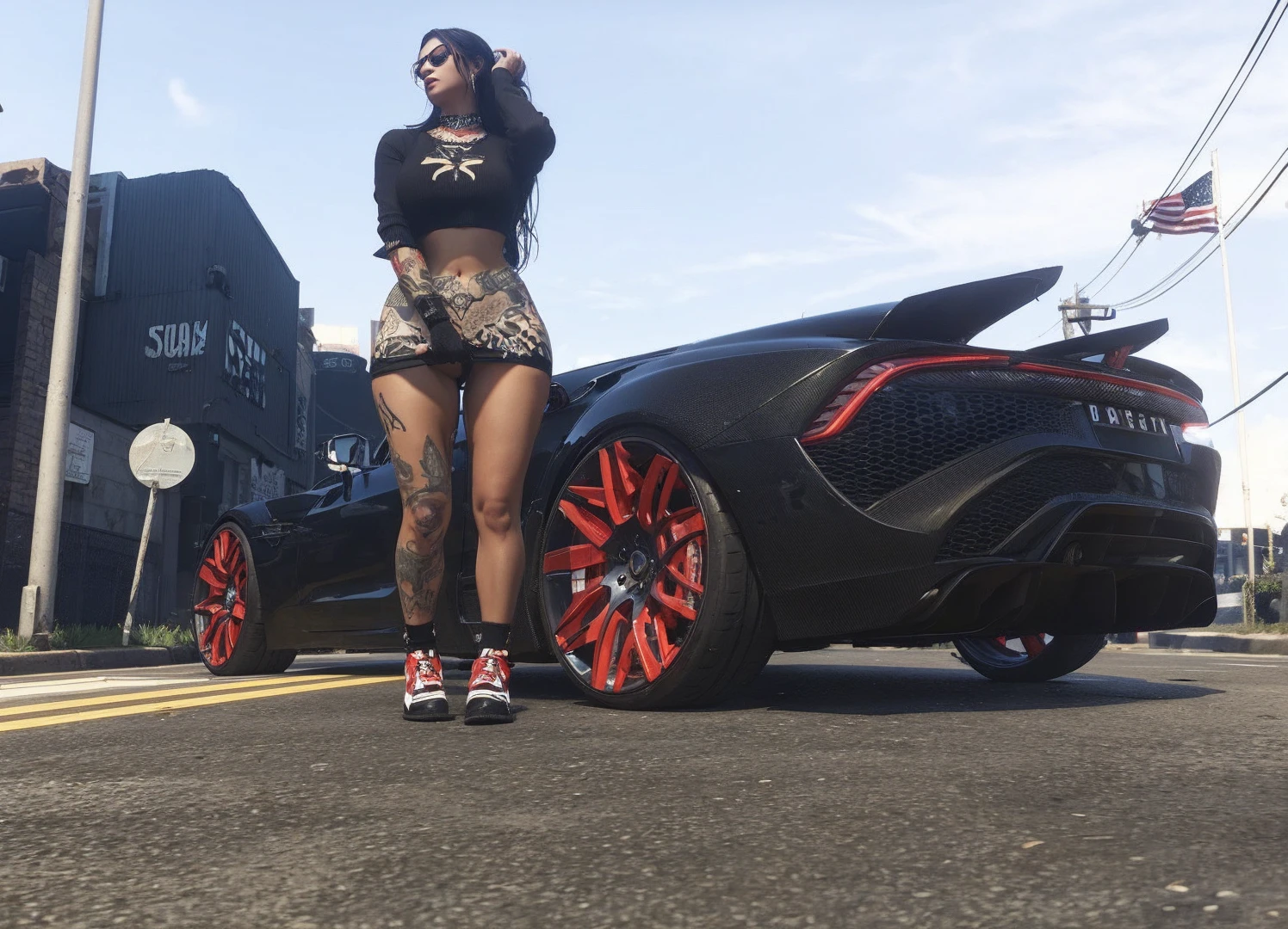 woman with tatoos im black top standing in front of a black sports car on a city street, gta v street style