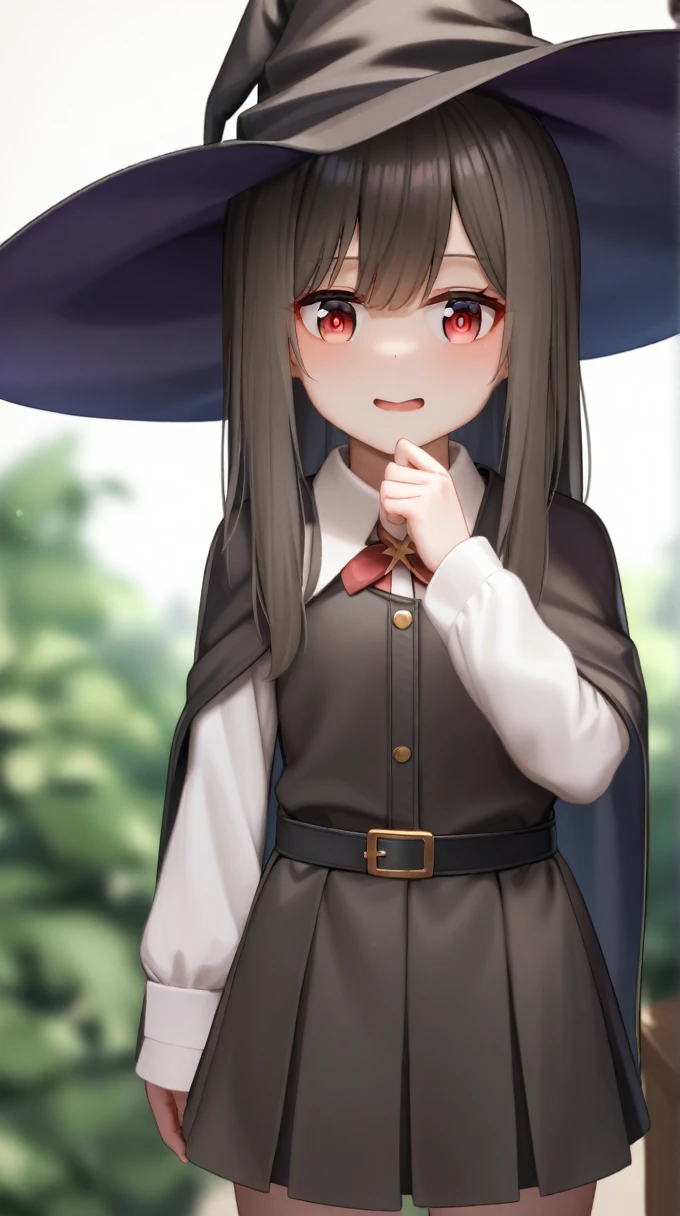 A 16 year old girl, with a red eyes, blackquality hair, with witch hat 