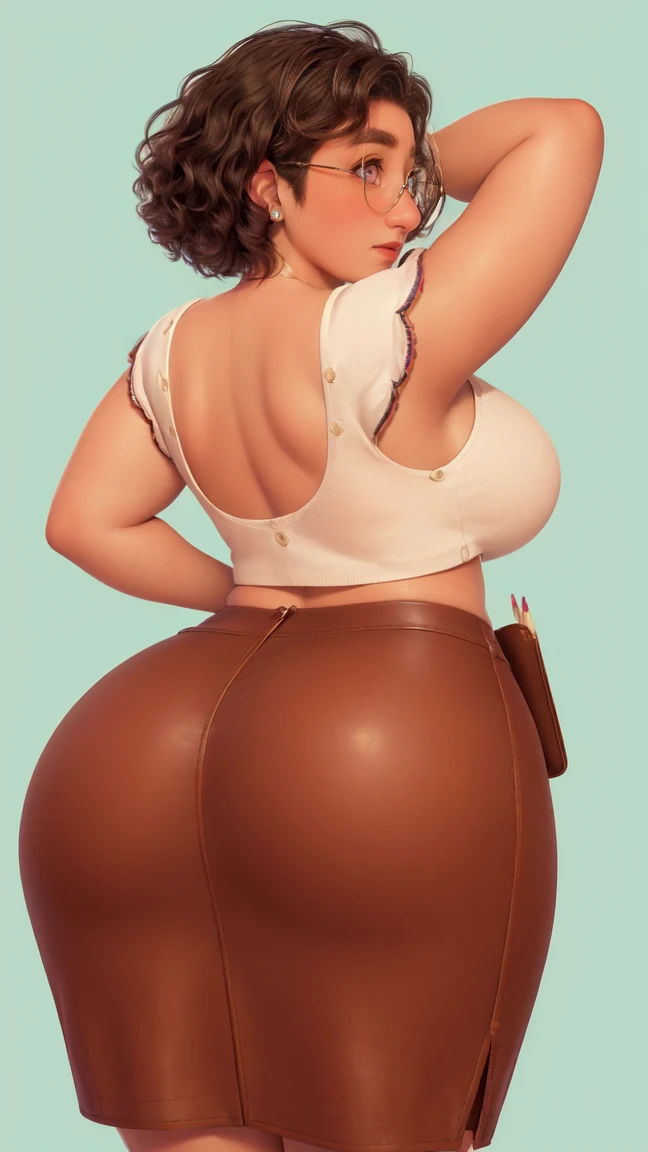 Mirabel Madrigal,  Glasses, smile, ((sleeveless sweater)), market context, (((pencil skirt))), (((Brown leather))), detailed skin, perfect legs, perfect thighs, (((Curvy body))), big breasts, completely_naked, ((( take it from behind ))) (((show ass)))