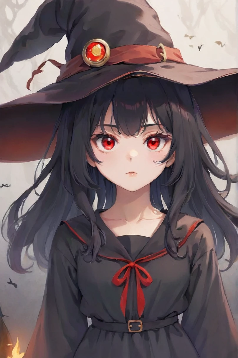 A 16 year old girl, with a red eyes, blackquality hair, with witch hat 