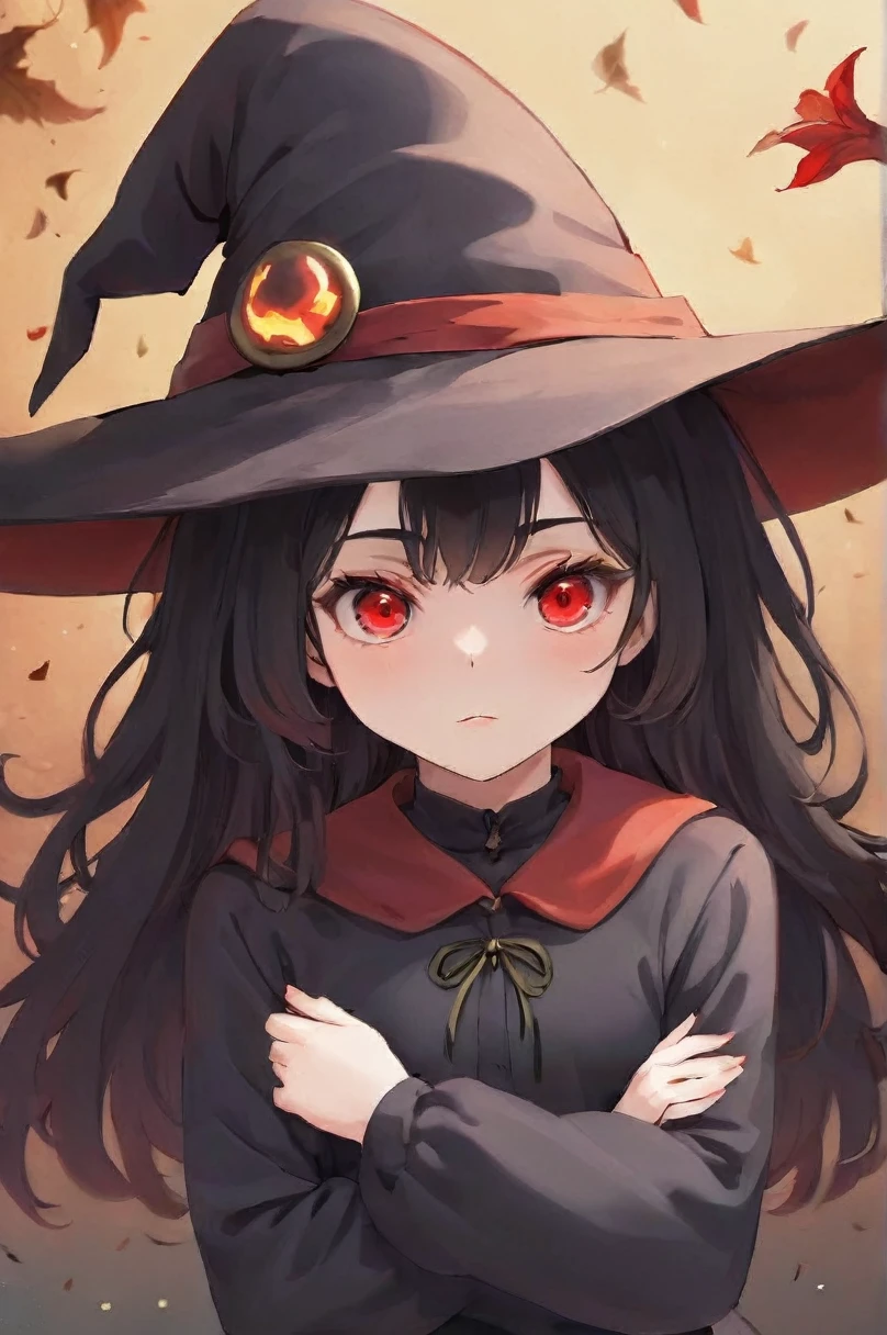 A 16 year old girl, with a red eyes, blackquality hair, with witch hat 