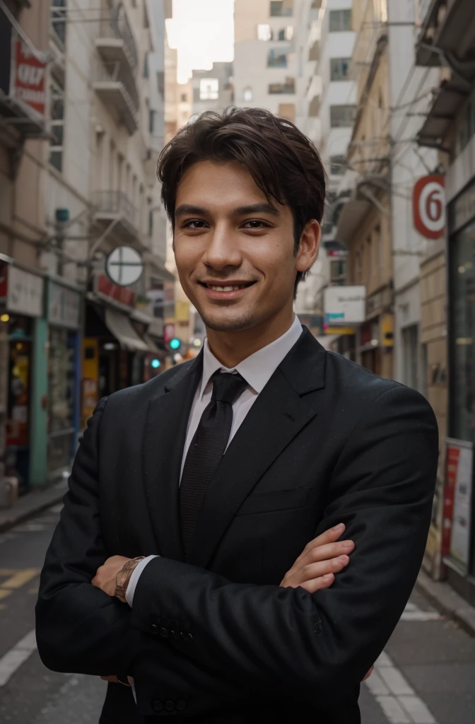 Frontal view , Portrait of man in black suit smiling , simple background editorial style highdefinition ultrarealistic details in the style of portrait photography