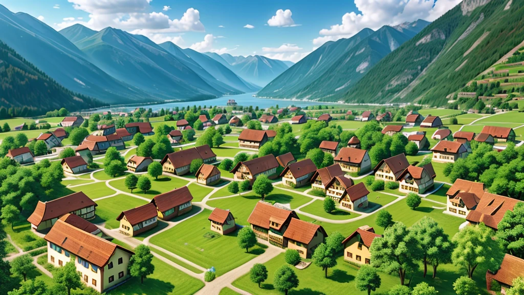 Beautiful scene of ancient Swiss village. Aerial view, Photorealistic photos, High definition.