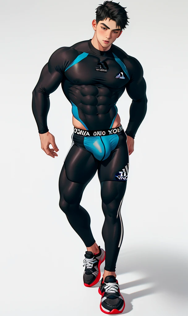 toned young man, full body, short black hair, adidas shirt, tight fitting shorts, bulge, chavalpha