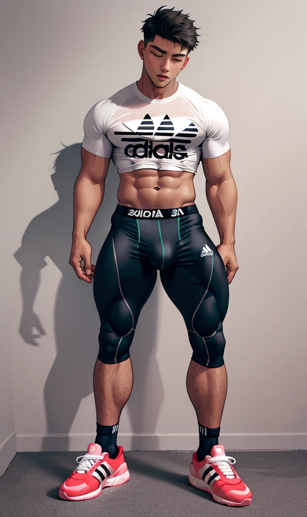 toned young man, full body, short black hair, adidas shirt, tight fitting shorts, bulge, chavalpha