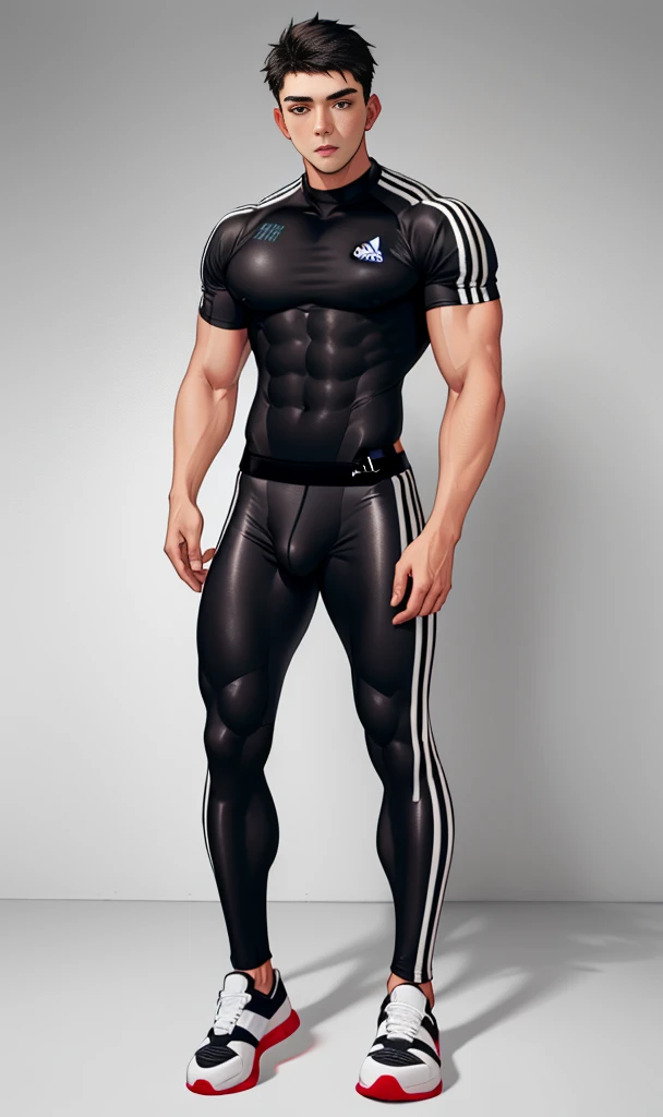 toned young man, full body, short black hair, adidas shirt, tight fitting shorts, bulge, chavalpha