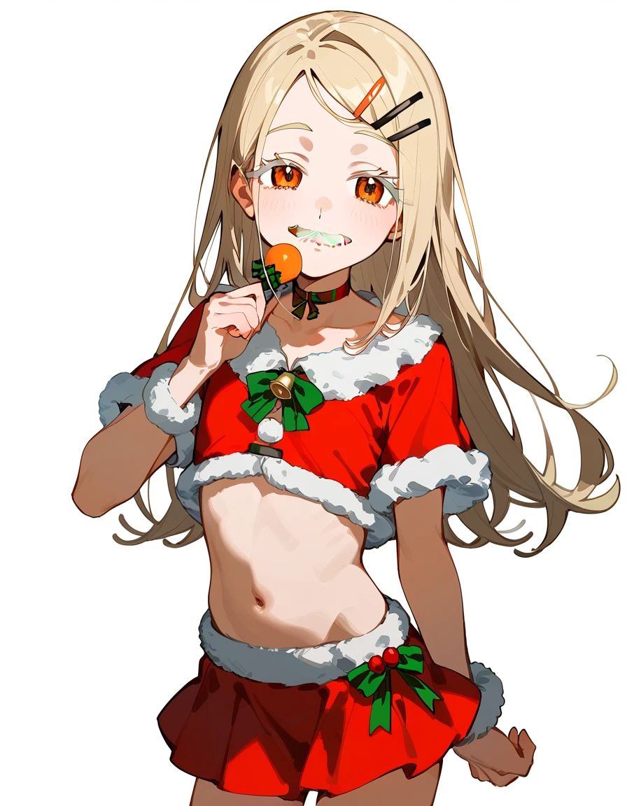 Highest quality, masterpiece, No correction, Beark 1 dhibi girl,shinosawa hiro,thin,Orange eyes,White eyelashes,Blonde,Long Hair,Hair Clip,cros hair clip,flat chest,white background,mini skirt,smile,santa costume,mustache,goatee