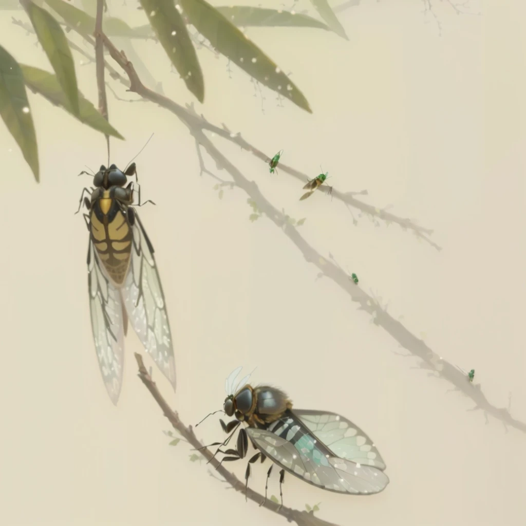 there are two fly that are sitting on a branch, author:Gu An, insects, by Yang Buzhi, insects and birds, author:Wang Fu, by Li Di, author:Luigi, author:Wang Lu, Flying Beetle, insect, author:Wang Jian, Cicada Wings, locusts and fly, Clear focus illustration, fly