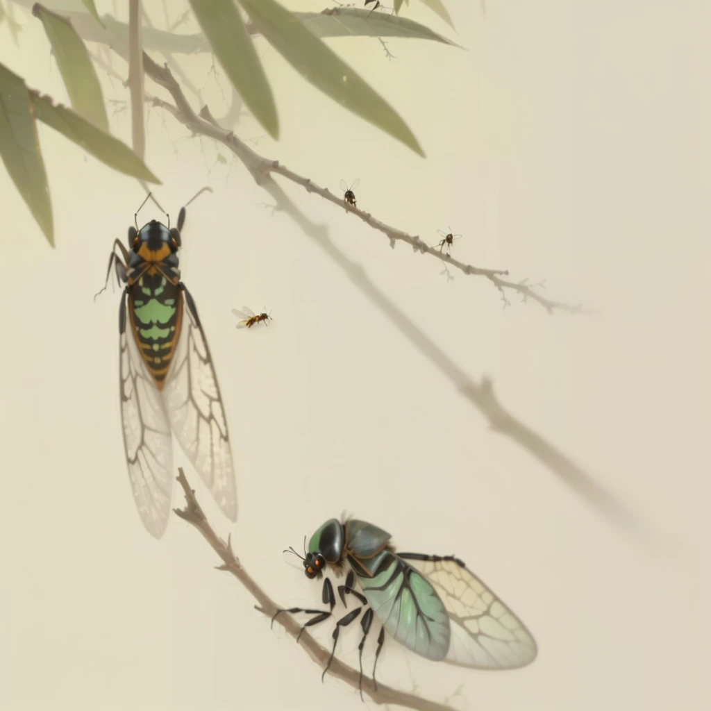 there are two fly that are sitting on a branch, author：Gu An, insects, by Yang Buzhi, insects and birds, author：Wang Fu, by Li Di, author：Luigi, author：Wang Lu, Flying Beetle, insect, author：Wang Jian, Cicada Wings, locusts and fly, Clear focus illustration, fly