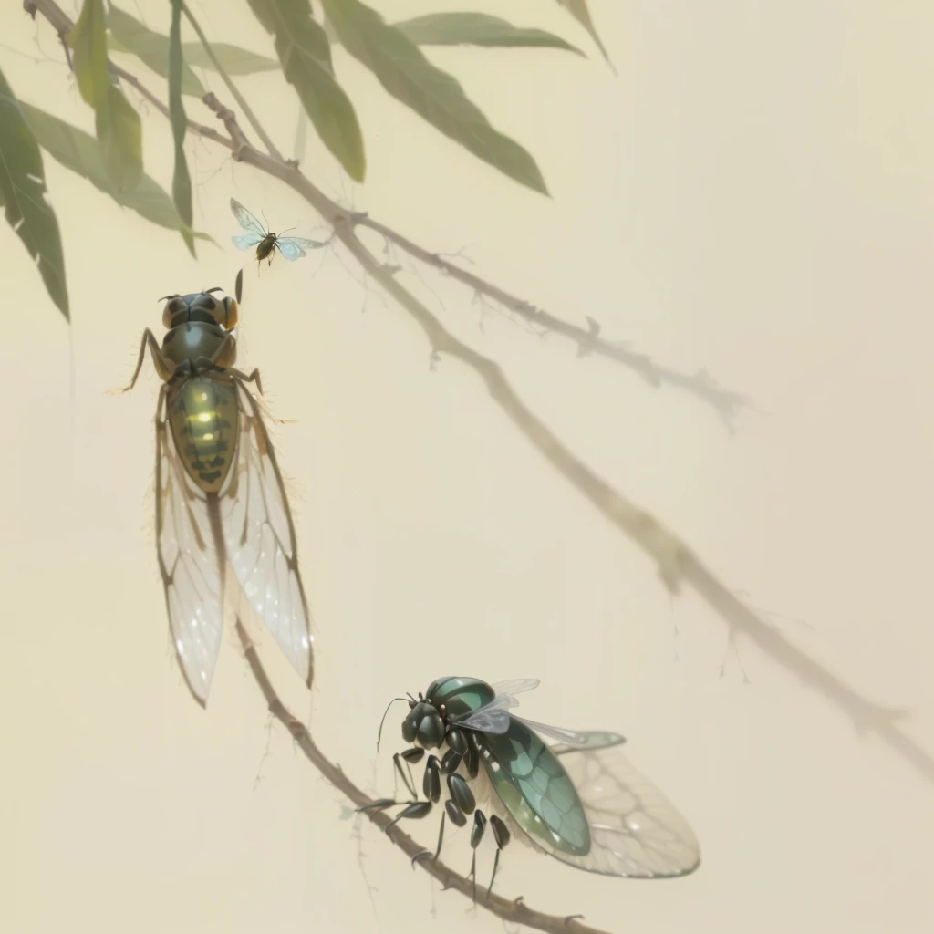 there are two fly that are sitting on a branch, author：Gu An, insects, by Yang Buzhi, insects and birds, author：Wang Fu, by Li Di, author：Luigi, author：Wang Lu, Flying Beetle, insect, author：Wang Jian, Cicada Wings, locusts and fly, Clear focus illustration, fly