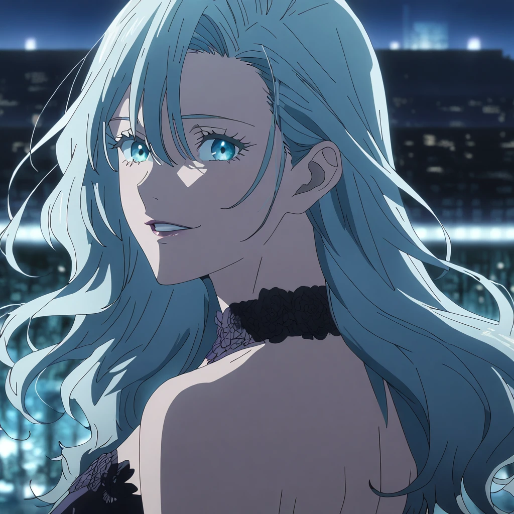 1girl, female gojo satoru, anime screencap from jujutsu kaisen, gojo satoru female version, solo, long_hair, ((Blue eyes, round sunglasses)) ((Silver_hair, hair over ear from one side))((slicked hair)) , night view, (hanging breasts) upper_body, smile,party hall, parted lips, (long hair) ((wearing black colour prom night outfit, off the shoulder)) breast, "very detailed and high resolution" (Blue eyes, round sunglasses) ((solo)) (((front view))) (earings) ((high resolution)) ((good quality)) ((silky hair, hair over ear from one side))((hair slicked)) ((parted lips)) ((shot from behind))
